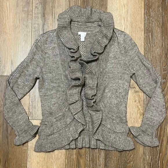 Chicos Wool Mohair Ruffle Knit Cardigan Sweater Size 1 US M Beige Preppy Twee - Picture 1 of 6